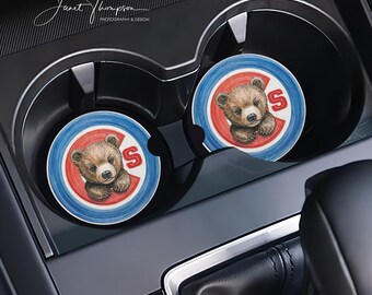 Chicago Cubs Baby Bear Ceramic Car Coasters, Set of 2, Absorbent Sandstone