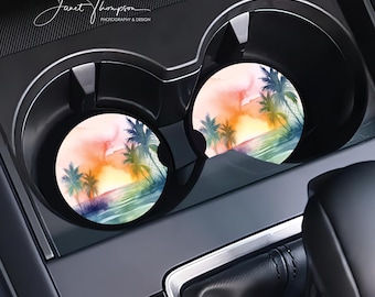 Tropical Beach Ceramic Car Coasters, Set of 2, Absorbent Sandstone