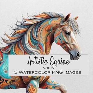 Chevaux artistiques, clipart équin abstrait, clipart aquarelle, 5 images PNG avec bkgrd transparent, baroque, clipart équin artistique vol 5