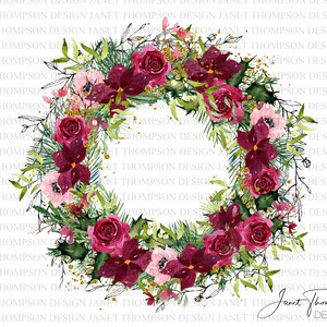 Clipart z wieńcem różanym, Clipart z Bożego Narodzenia, Projekt sublimacji, PNG do pobrania