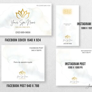May include: A white and gold spa social media template with a lotus flower logo and the text "Your Spa Name" and "Salon and Spa". The template includes different sizes for Facebook and Instagram posts and stories.