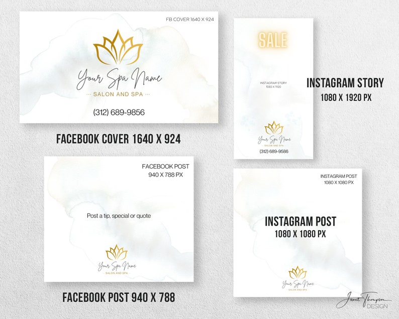 May include: A white and gold spa social media template with a lotus flower logo and the text "Your Spa Name" and "Salon and Spa". The template includes different sizes for Facebook and Instagram posts and stories.
