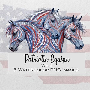Chevaux patriotiques, cheval rouge, blanc et bleu, clipart aquarelle, 5 Images PNG avec Bkgrd transparent, Etats-Unis, clipart équine patriotique Vol 1