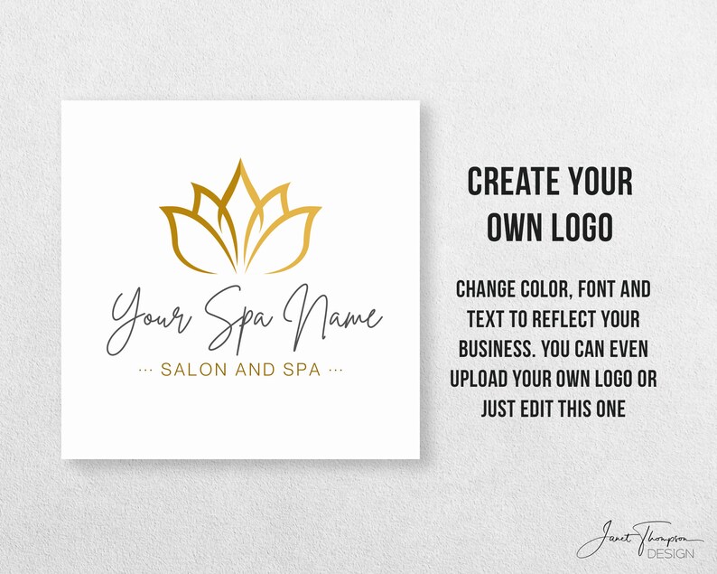 May include: A white background with a gold lotus flower design and the text "Your Spa Name... SALON AND SPA..."  The text "CREATE YOUR OWN LOGO" is on the right side of the image. Below the logo text, there is a description about customizing the logo.