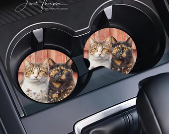 Farm Cats, Country Cats Ceramic Car Coasters, Set of 2, Absorbent Sandstone