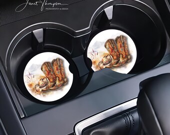 Cowgirl Western Boots and Hat Car Coasters, Set of 2, Absorbent Sandstone