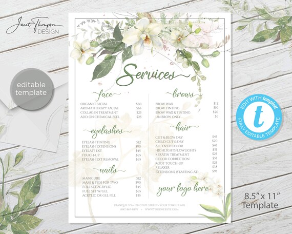 Floral Spa Menu Template: Salon Services Price List (8.5" x 11")