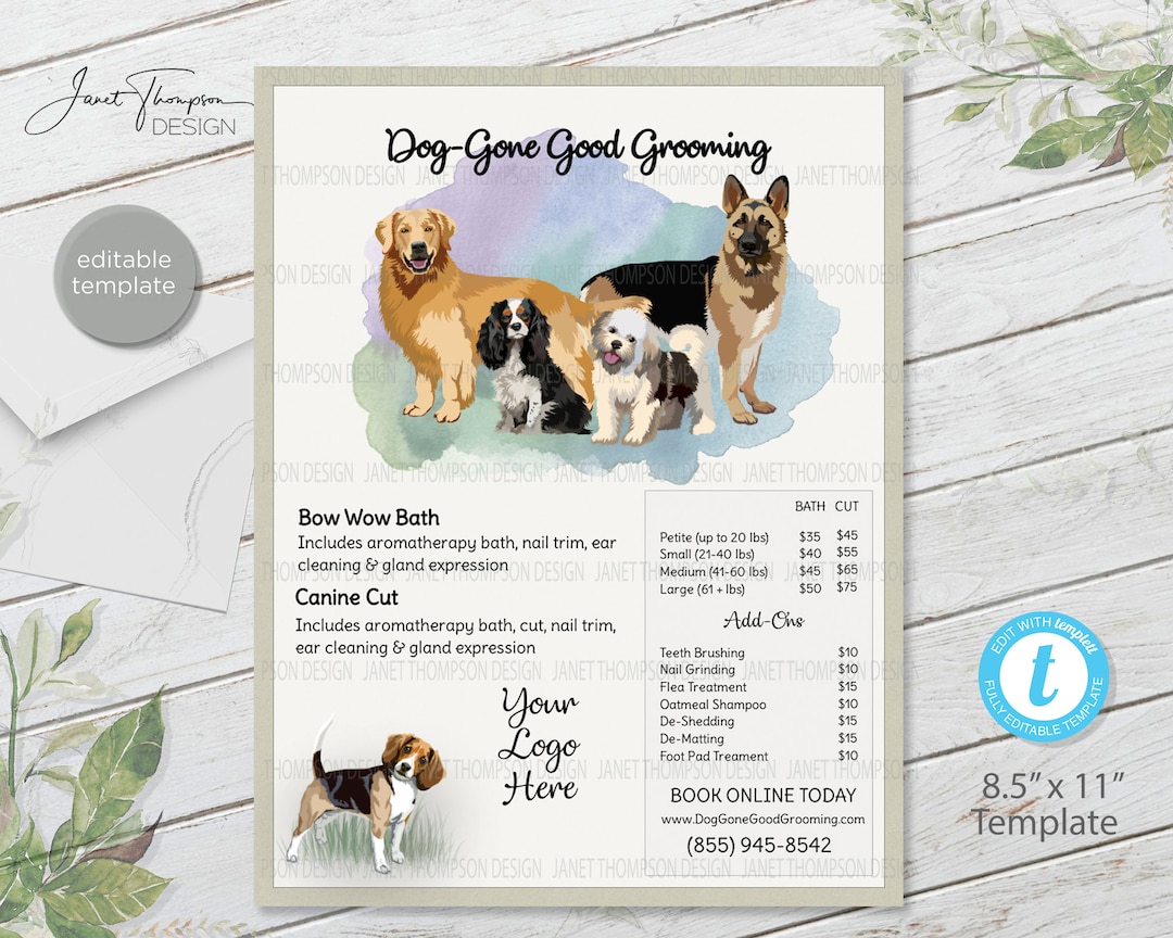 Dog Groomers Service Menu, Pet Grooming, Cat Groomer Service List, Dog