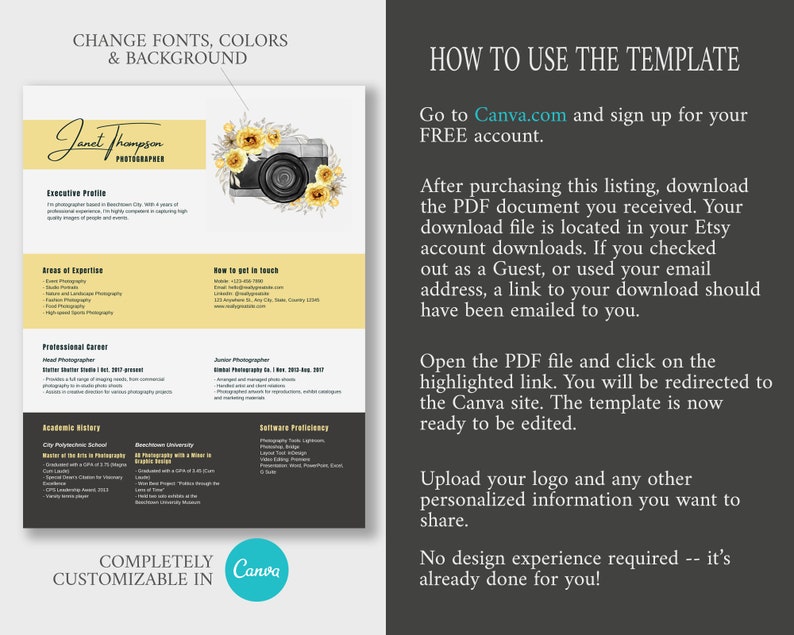 Customizable Resume Editable Resume Template Photographers Resume Custom Resume Professional Resume Template