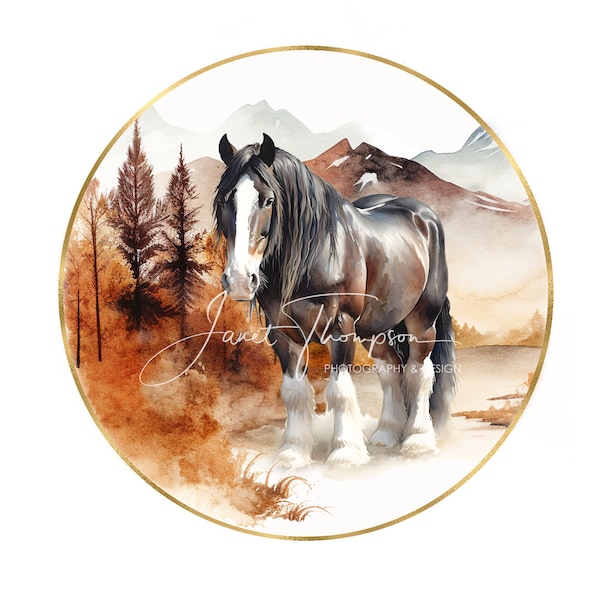 Scène de montagne d’automne de cheval de trait, clipart de cheval de trait, cheval avec cadre doré PNG, conception de sublimation, PNG téléchargement immédiat