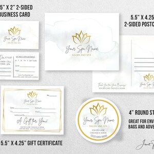 May include: A set of customizable spa business branding elements featuring a gold lotus flower logo. The set includes a 3.5 x 2 inch business card, a 5.5 x 4.25 inch postcard, a 5.5 x 4.25 inch gift certificate, and a 4 inch round sticker. The design features a watercolor background with a gold lotus flower logo.