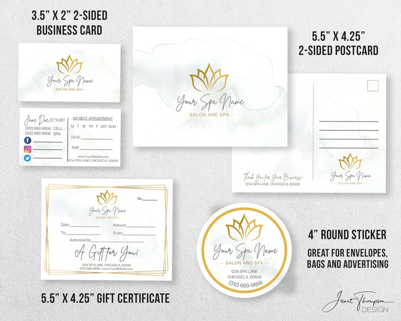 May include: A set of customizable spa business branding elements featuring a gold lotus flower logo. The set includes a 3.5 x 2 inch business card, a 5.5 x 4.25 inch postcard, a 5.5 x 4.25 inch gift certificate, and a 4 inch round sticker. The design features a watercolor background with a gold lotus flower logo.