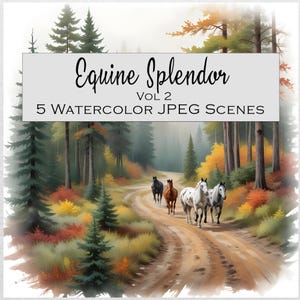 Fond de paysages d'automne cheval sauvage, 5 scènes d'équidés, scène de mustangs sauvages, scène de forêt, design par sublimation, Equine Spendor Vol 2, JPEG