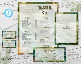 Puede incluir: Un conjunto de cuatro piezas para spa con un menú, un certificado de regalo, un cartel en blanco y una tarjeta de visita de dos caras. El diseño presenta un patrón de mármol verde y dorado con el texto "Tranquil Spa".