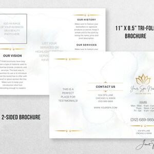 May include: A tri-fold brochure template for a spa or salon business. The brochure is 11 inches by 8.5 inches and features a gold lotus flower design. The text on the brochure includes the business name, contact information, hours of operation, and a call to action to book an appointment. The brochure is designed to be used as a marketing tool to promote the spa or salon's services.