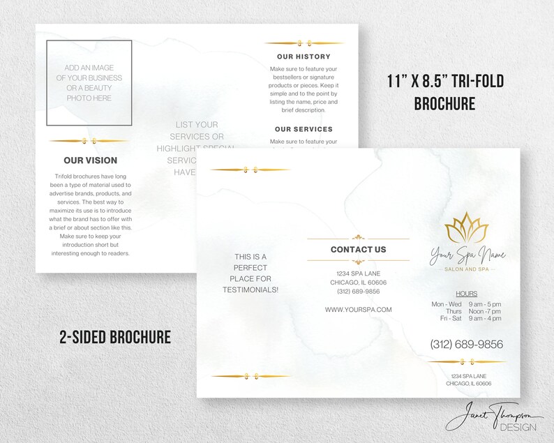 May include: A tri-fold brochure template for a spa or salon business. The brochure is 11 inches by 8.5 inches and features a gold lotus flower design. The text on the brochure includes the business name, contact information, hours of operation, and a call to action to book an appointment. The brochure is designed to be used as a marketing tool to promote the spa or salon's services.