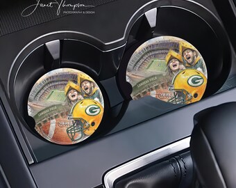 Green Bay Packers Ceramic Car Coasters, Set of 2, Absorbent Sandstone