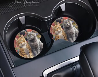 Farm Cats, Gray and Orange Country Cats Ceramic Car Coasters, Set of 2, Absorbent Sandstone