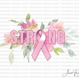 Pink Breast Cancer Awareness Clipart: STRONG Ribbon (PNG Digital Download)