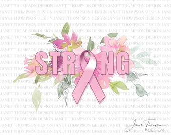 Pink Breast Cancer Awareness Clipart: STRONG Ribbon (PNG Digital Download)
