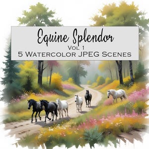 Fond de paysage printanier de cheval sauvage, 5 scènes d'équidés, scène de mustangs sauvages, scène de forêt, design par sublimation, Equine Spendor Vol 1, JPEG