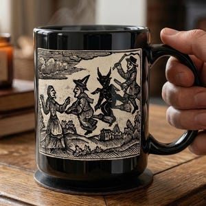 May include: Black ceramic mug featuring a vintage-style illustration of witches flying on broomsticks. The mug has a large handle and is filled with a hot beverage, with steam rising. A lit candle and books are in the background.