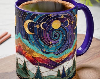 Triple Moon Witch Coffee Mug, Stained Glass Style Crescent Moon Phases Cup, Pagan Wiccan Gift, Witchy Celestial Ceramic Mug