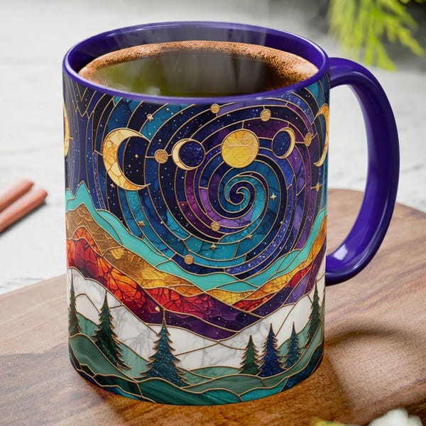 Triple Moon Witch Coffee Mug, Stained Glass Style Crescent Moon Phases Cup, Pagan Wiccan Gift, Witchy Celestial Ceramic Mug