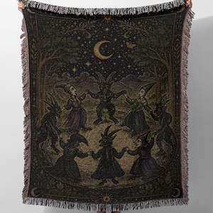 Demons and Witches Dancing Circle Blanket, Occult Goat Ritual Throw, Gothic Folklore Woven Tapestry
