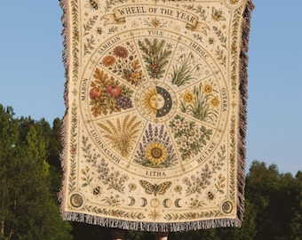 Wheel Of The Year Blanket, Pagan Sabbats Botanical Throw, Sun Moon Calendar Woven Tapestry