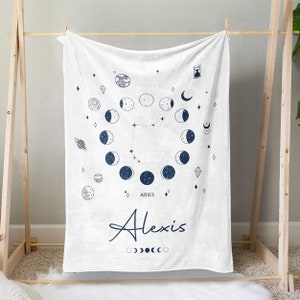 Aries Zodiac Signs Blanket, Personalized Name Throw Blanket, Moon Phases and Planet Blanket, Horoscope Birthday Gift For Astrology Lovers