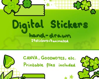 Animated Digital stickers - lush green clovers - for journaling, goodnotes, canva - printable files included