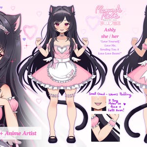 May include: Illustration of a cartoon character with black cat ears and a pink and white maid outfit. The character has long black hair, pink cheeks, and a heart-shaped mouth. The text "Ashly she/her Love Yourself, Love Me, Sending You A Love Love Beam!" is written below the character.