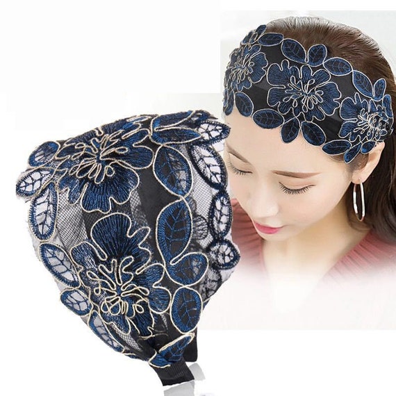 Blue black red Mesh embroidery headband flowers headbands | Etsy