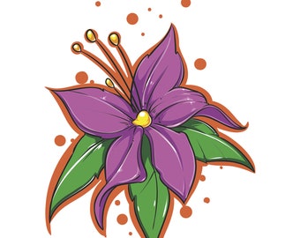 May include: A purple flower with yellow center and green leaves, surrounded by orange splatter paint.