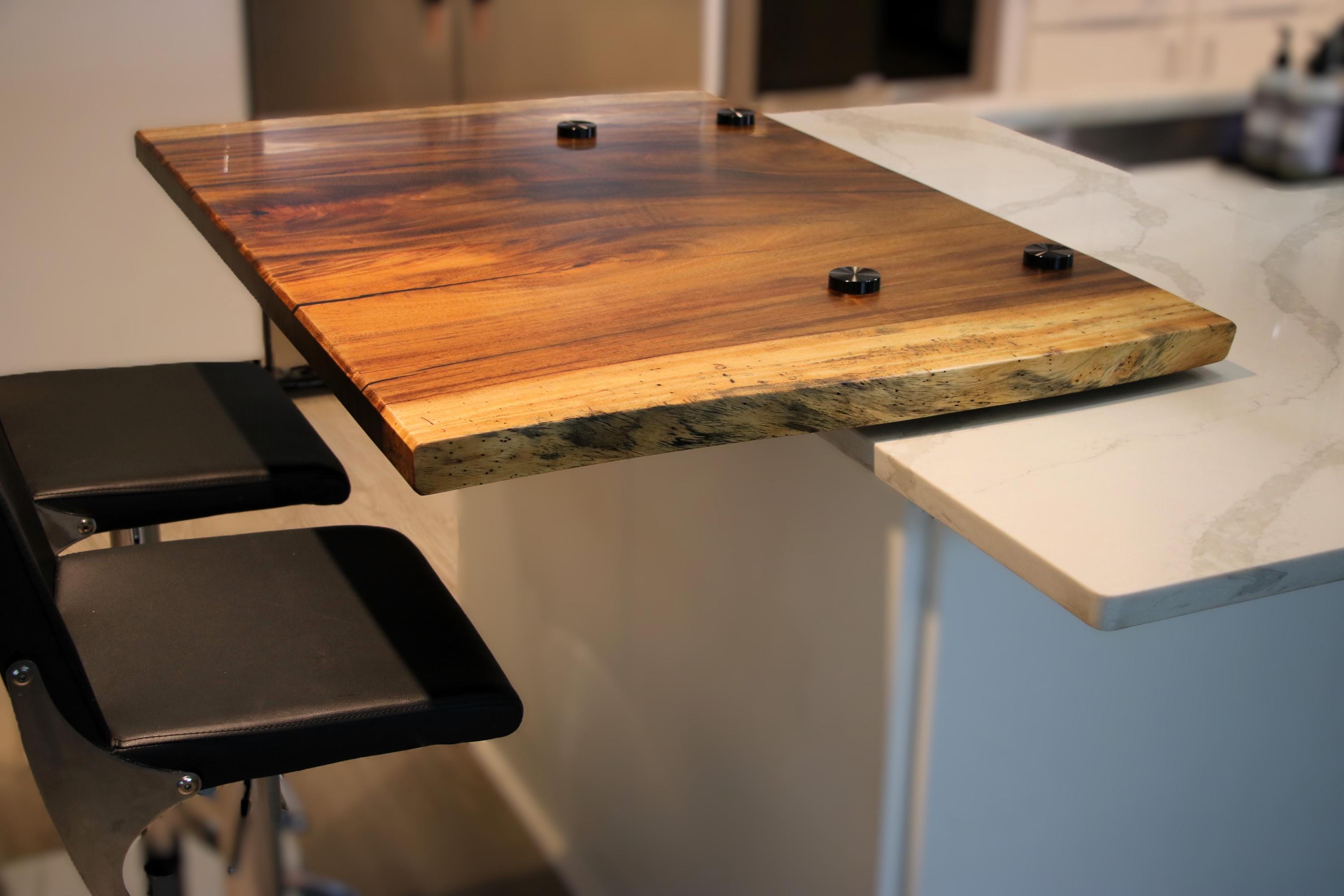 Custom Parota Wood Slab Countertop: Natural Live Edge, Black Standoffs