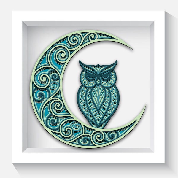 Owl on Moon Layered SVG, 3d Owl on Moon Shadow Box Cricut Svg, Laser Cut Files, Multilayer Cricut Mandala Svg, Glowforge Files.