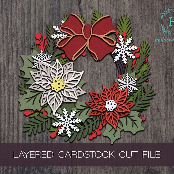 3d CHRISTMAS LAYERED WREATH Svg - Cricut Files, Cardstock Svg, Silhouette Files - HelloCrafterSvg