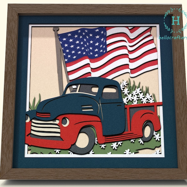 3D PATRIOTIC TRUCK Svg, TRUCK Shadow Box Svg - Cricut Files, Cardstock Svg, Silhouette Files - HelloCrafterSvg
