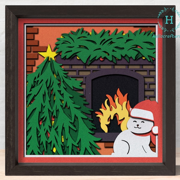 3d FIREPLACE CAT Svg, CHRISTMAS Fireplace Shadow Box Svg - Cricut Files, Cardstock Svg, Silhouette Files - HelloCrafterSvg