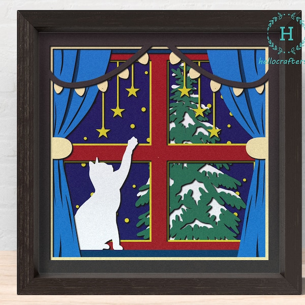 3d CHRISTMAS CAT Svg, CAT On Window Shadow Box Svg - Cricut Files, Cardstock Svg, Silhouette Files - HelloCrafterSvg