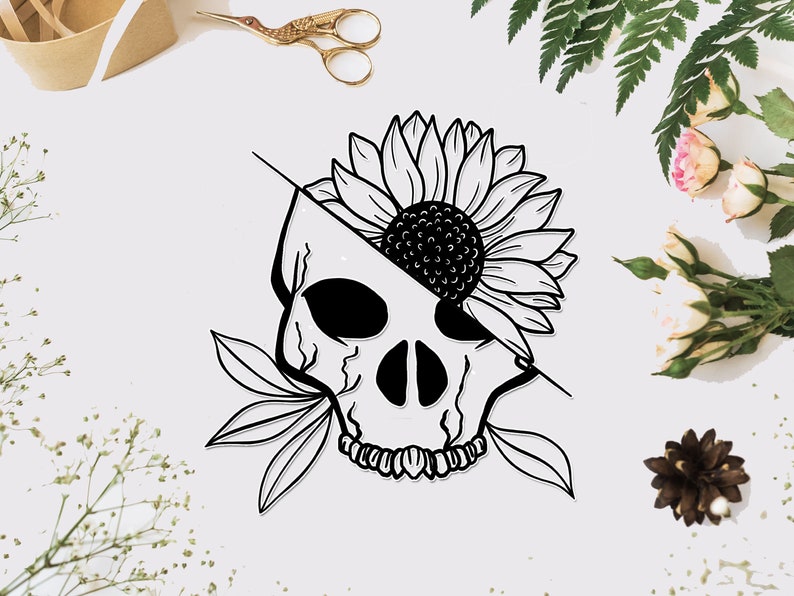 Sunflower skull svg sunflower cut files boho skull svg | Etsy