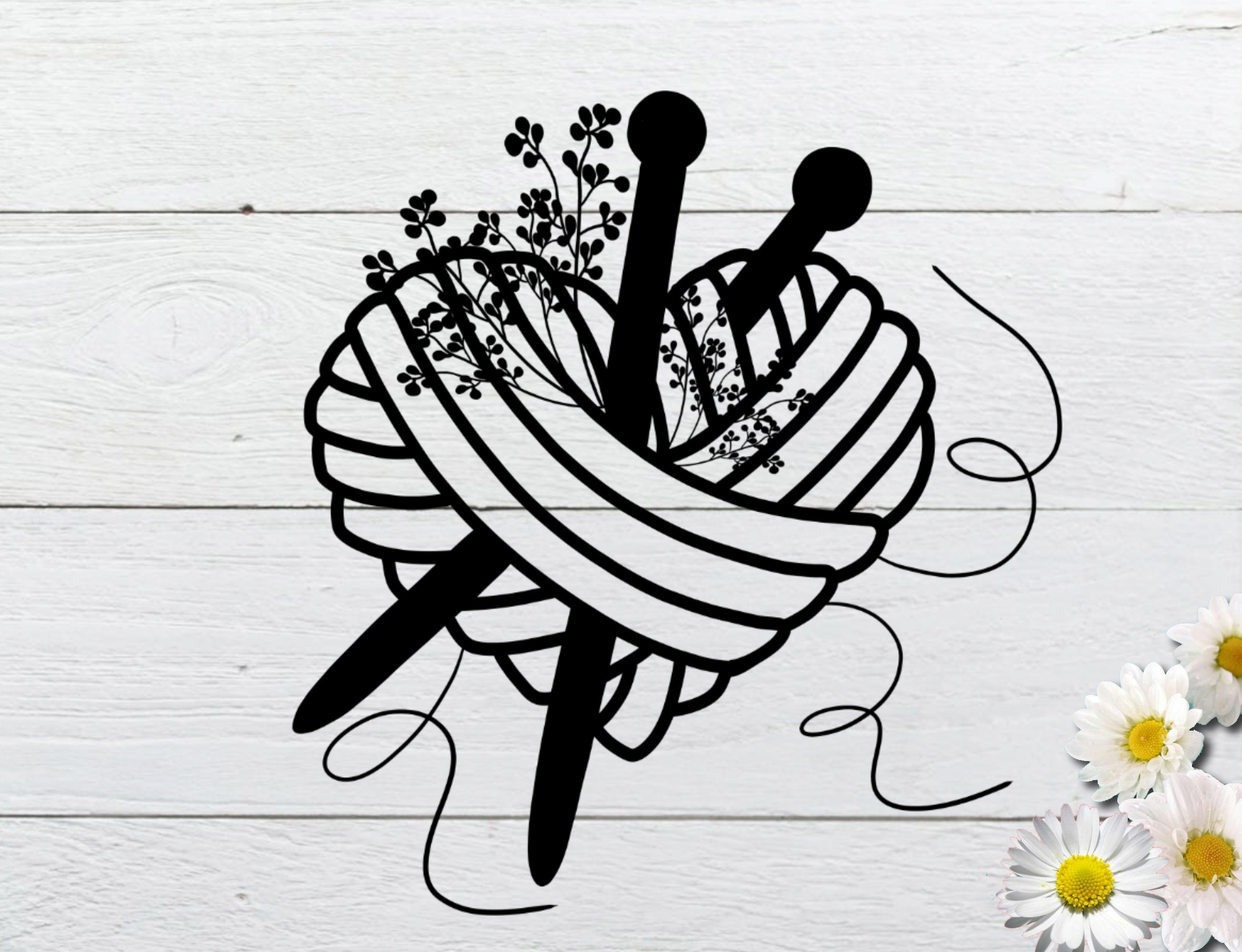 Knitting svg floral yarn ball svg knitting needles svg for Etsy
