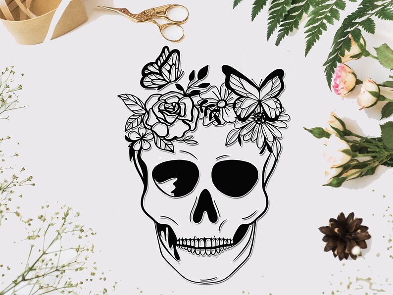 sugar skull and flowers drawing