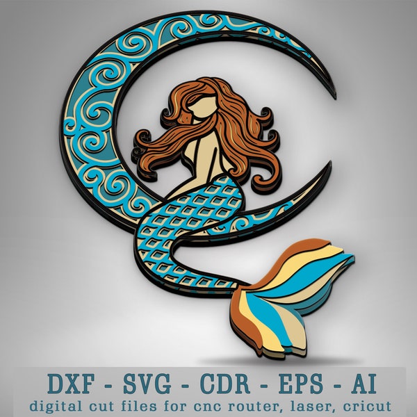Mermaid Layered SVG, 3d Mermaid Sign Svg, 3d Mermaid Shadow Box Cricut Svg, Laser Cut Files, Multilayer Mermaid Mandala Svg, Glowforge File