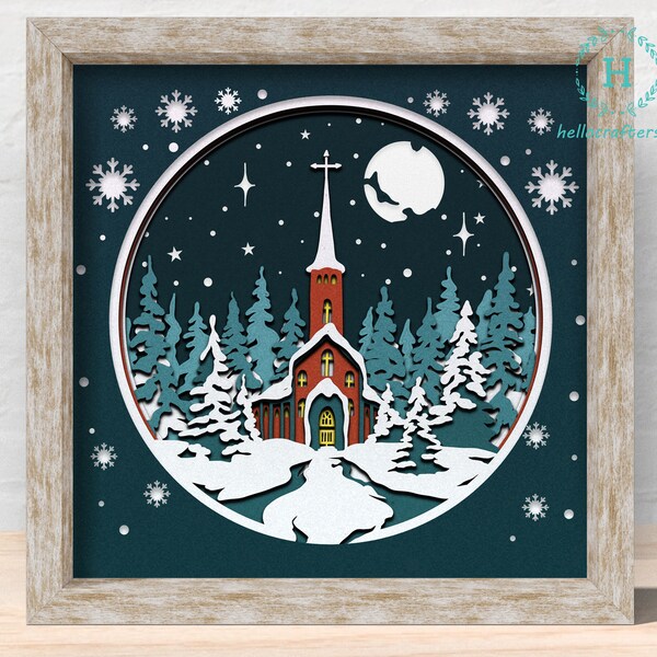 3d WINTER CHURCH Svg, WINTER Church Shadow Box Svg - Cricut Files, Cardstock Svg, Silhouette Files - HelloCrafterSvg