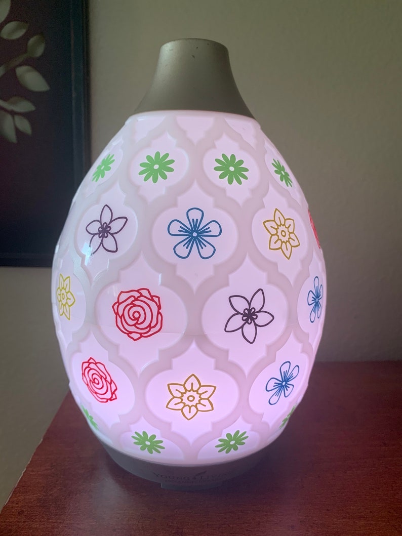 Op de afbeelding: Witte keramische etherische olieverdamper met een bloemenpatroon. De diffuser heeft een grijze bovenkant en een lichtroze gloed.