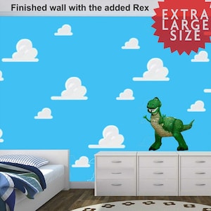 May include: A blue wall with white clouds and a green dinosaur toy. The wall is decorated with a Toy Story theme. The text "EXTRA LARGE SIZE" is in a red starburst shape.