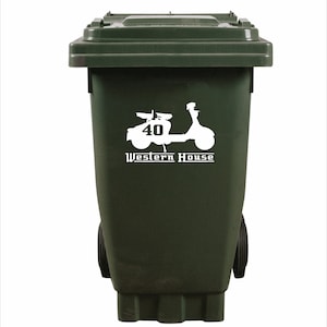 WHEELIE BIN STICKER - Personalised - Scooter Silhouette and Address - 261