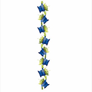 May include: A stack of seven green alien toys from the Toy Story franchise, each wearing a blue spacesuit and holding onto the one above them.